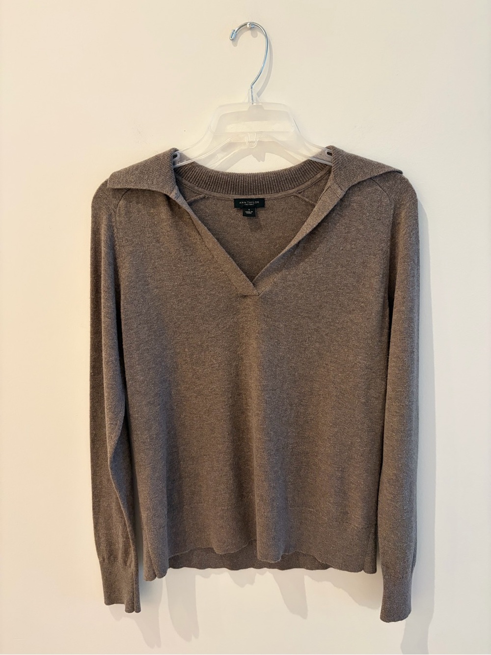 Ann Taylor Factory Taupe V-Neck Sweater with Collar